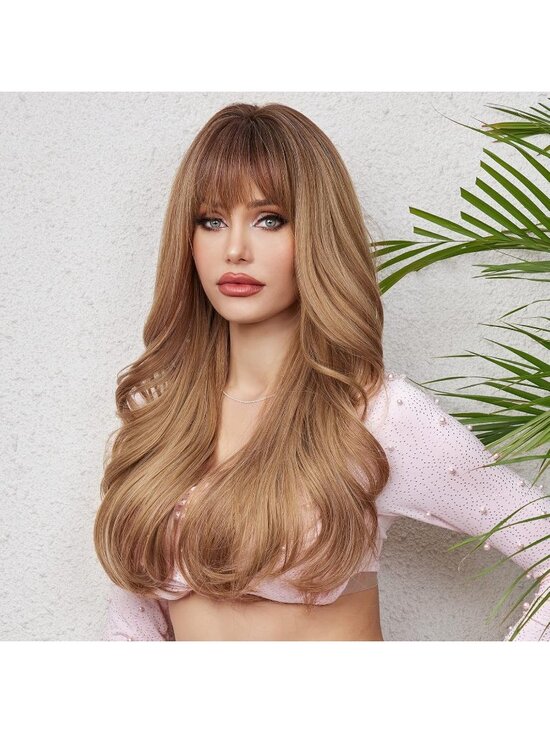 Women\'s Light Brown Heat Resistant Long Curly Wavy Synthetic Wig Bangs Size 26In main image 6